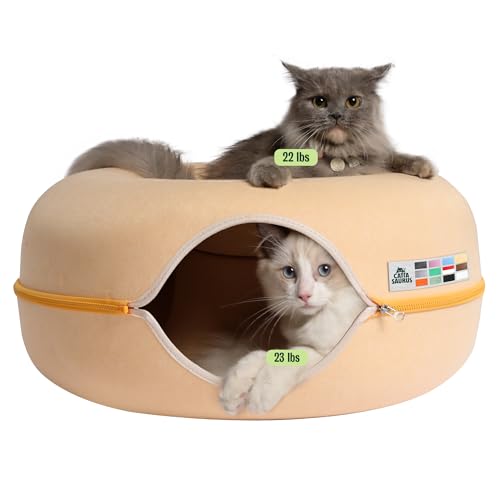 CATTASAURUS Peekaboo Cat Cave for Multiple & Large Cats Up to 30-45 Lbs, Scratch Detachable & Washable Tunnel Bed, Comfy Donut Cat Cave (Pastel Macaron, Large)