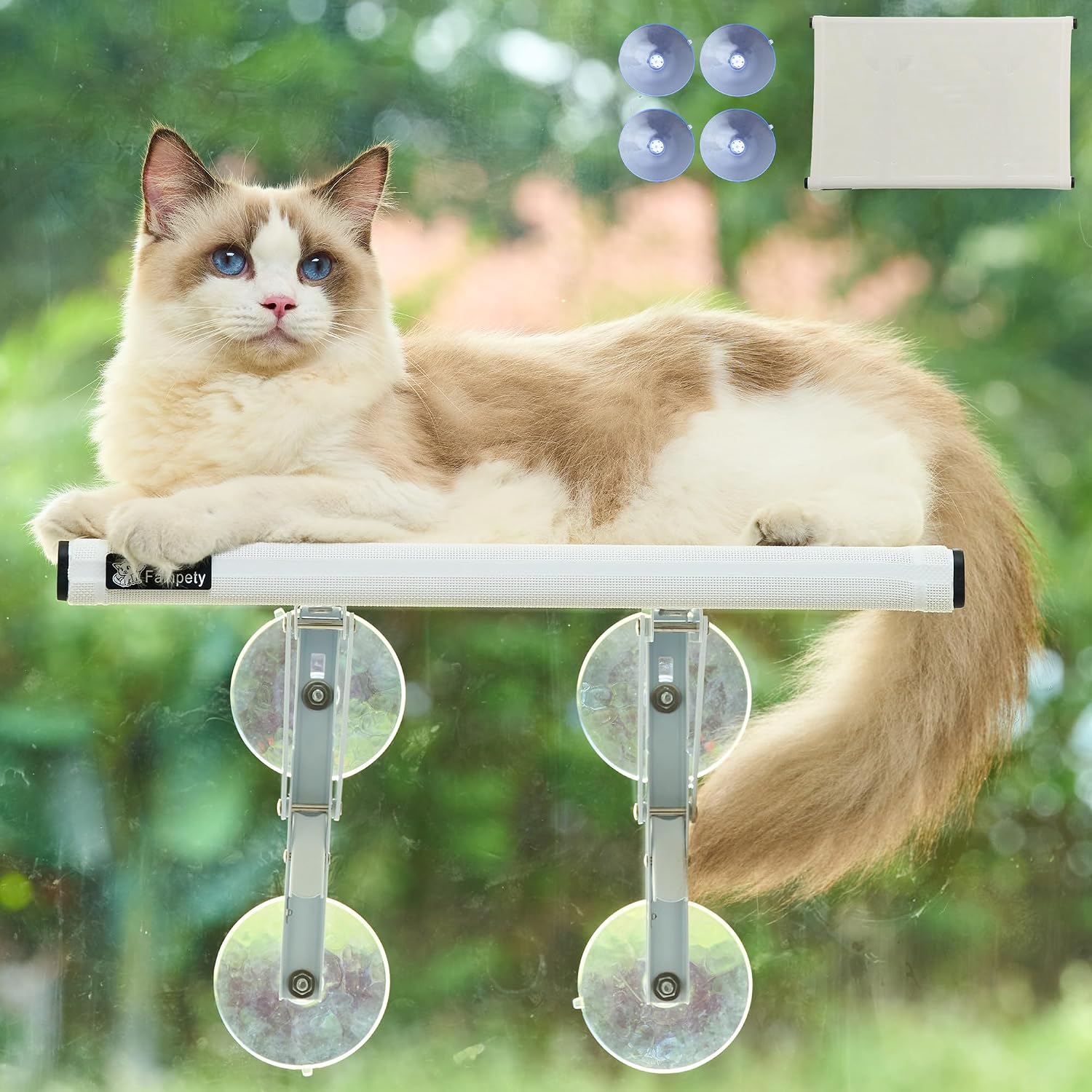 17" Small Cat Window Perch (1pc) for Narrow Space,Foldable,Cordless,Hold Up 60lbs,All Preassembled,4pc Extra Suction Cup,Sturdy Underneath Support,Textilene Seat Bed,Easy Clean,Quick Dry-White