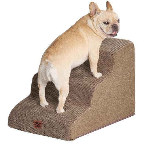 EHEYCIGA Curved Dog Stairs Ramp for Small Dogs 15.7" H, 3-Step Dog Steps for Couch Sofa and Chair, Pet Stairs for Cats, Non-Slip Balanced Pet Steps Indoor, Camel