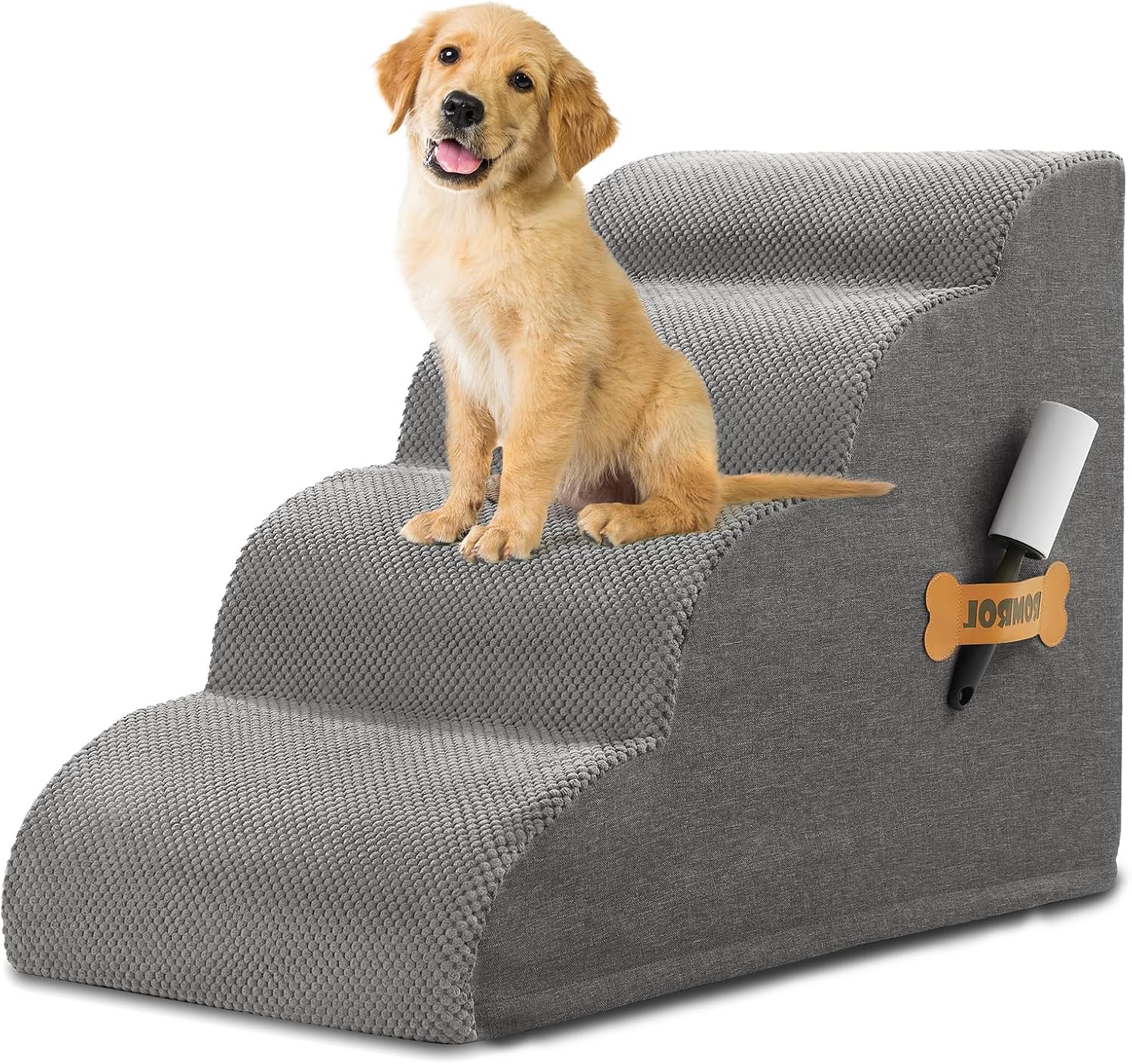 Dog Stairs, Romrol Dog Steps Ramp for High Bed and Couch, Dogs Ramp with Durable Non-Slip Waterproof Fabric Cover, Pet Stairs for Small Dogs and Cats or Pets Joints, 4-TiersGrey