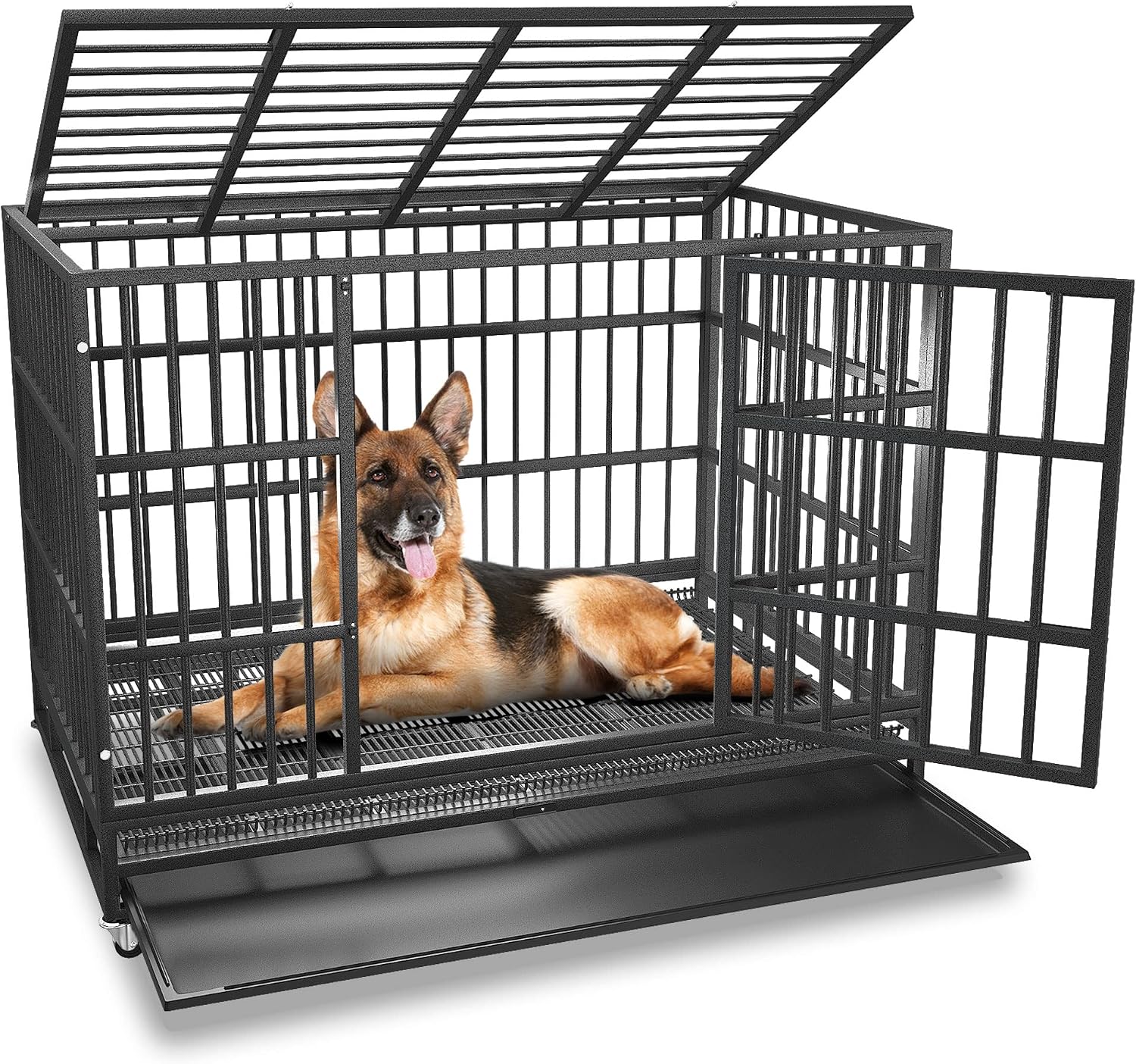 54/48/42/38 inch Heavy Duty Indestructible and Escape-Proof Dog Crate Cage Kennel for Large Dogs, High Anxiety Dog Crate with Removable Wire Trays and Wheels, Extra Large XL XXL, Black