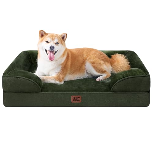 EHEYCIGA Orthopedic Dog Beds for Large Dogs, Waterproof Memory Foam Large Pet Bed with Sides, Non-Slip Bottom and Egg-Crate Foam Dog Couch Bed with Washable Removable Cover, Dark Green