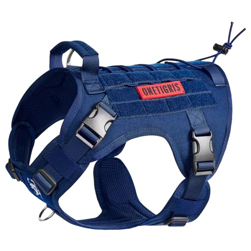 OneTigris Tactical Dog Harness Vest,No-Pull Service Dog Vest with Hook & Loop Panels,Adjustable Dog Vest Harness for Walking Hiking Training(Blue,M)