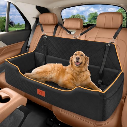 GL GLENSLAVE Dog Car Seat for Large/Medium Dogs, Comfortable Pet Car Booster for Back Seat, Fully Detachable & Washable Dog Travel Bed with Storage Pockets,2 Safety Belts