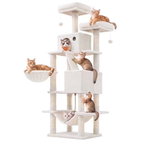Feandrea Cat Tree, 66.1-Inch Large Cat Tower with 13 Scratching Posts, 2 Perches, 2 Caves, Basket, Hammock, Pompoms, Multi-Level Plush Cat Condo for Indoor Cats, Cream White UPCT165T01