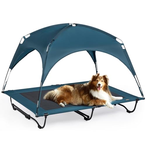 42 Inch Elevated Cooling Large Dog Bed with Removable Canopy, Raised Beds for Large Dogs with Washable Breathable Mesh, Dog Cot for Big Dogs, Indoor/Outdoor Dog Cot with Canopy