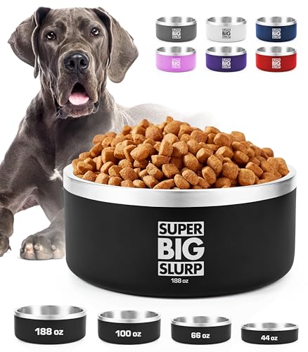 Tuff Pupper Heavy Duty Insulated Dog Bowl | Double Wall Stainless Steel Dog Food Dish | Non-Slip Spill Proof Dishwasher Safe Cat Bowl | Water Dish for Feeding Large Medium Small Pets (188oz, Black)