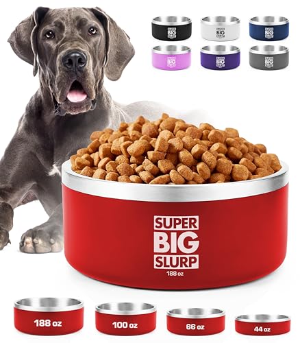 Tuff Pupper Heavy Duty Insulated Dog Bowl | Double Wall Stainless Steel Dog Food Dish | Non-Slip Spill Proof Dishwasher Safe Cat Bowl | Water Dish for Feeding Large Medium Small Pets (188oz, Red)