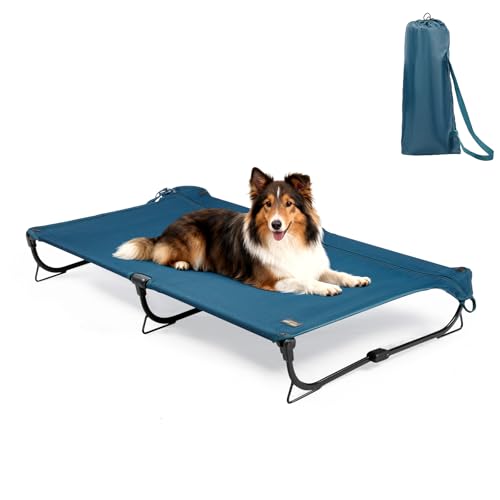 Folding Raised Dog Cot, Large Outdoor Elevated Dog Bed, Cooling Chew Proof Pet Cots Bed, Portable, Heavy Duty Up to 160 lbs, Pet Cot for Camping, Home, Dark Blue, 43"x27"x7"