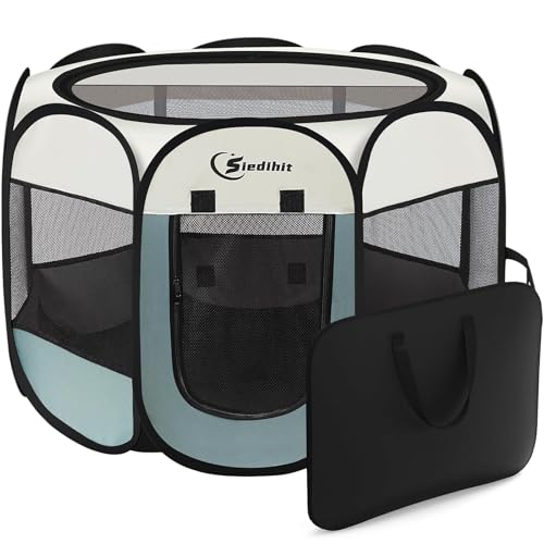 Dog Playpen, Puppy Pet Playpen, Large Dogs Tent Crates Cage Indoor/Outdoor, Portable Pop Up Dog Kennel Playpen with Carrying Case for Dogs/Cats/Rabbits, Removable Zipper Top, Grey