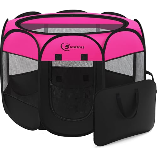 Dog Playpen, Puppy Pet Playpen, Large Dogs Tent Crates Cage Indoor/Outdoor, Portable Pop Up Dog Kennel Playpen with Carrying Case for Dogs/Cats/Rabbits, Removable Zipper Top, Hot Pink
