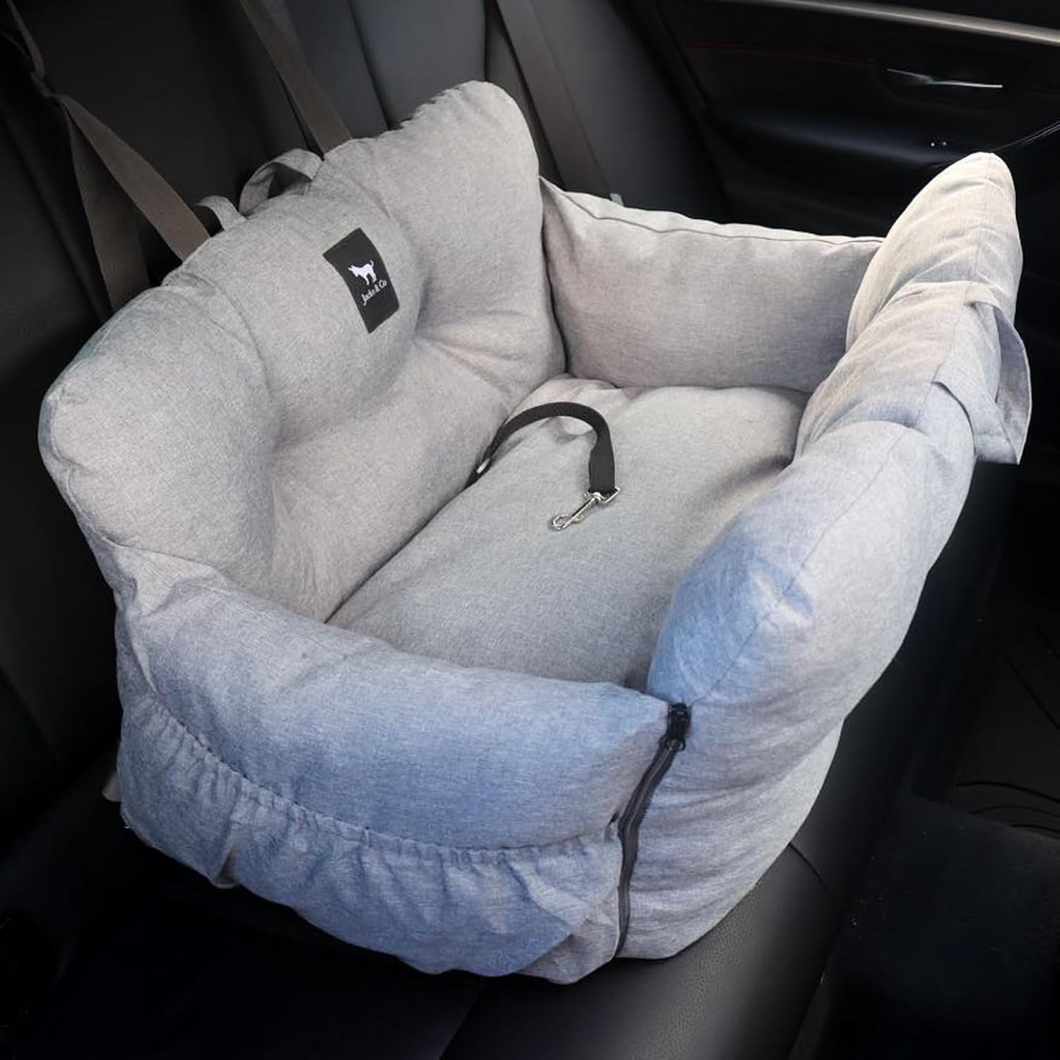 JACKO & CO Premium Medium Dog Car Seat  Safe & Cozy Travel Bed for Small & Med Dogs, Puppies & Pets 2540 lbs, Clip-On Leash, Storage Pockets, Water-Resistant, Machine Washable (Grey, Medium)