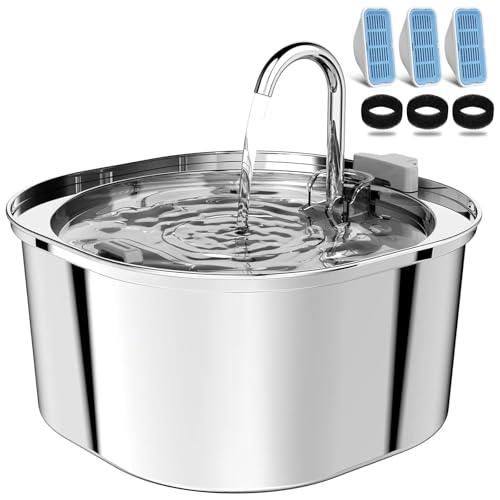 PEKTACO Cat Water Fountain, 3.2L/108oz Stainless Steel Pet Water Fountain for Cats/Dogs Indoor, Dog Drinking Dispenser Metal Kitty Spout with 3 Filters+ 3 Sponges