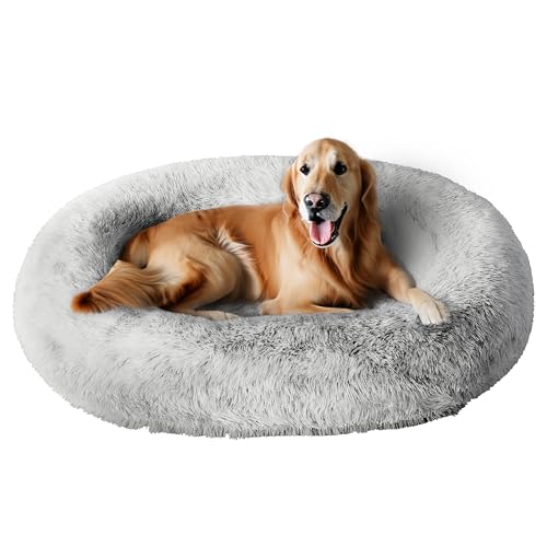 Orthopedic Calming Dog Bed for Extra Large Dogs XL, Anti Anxiety Pet Beds with Supportive Foam, Removable Washable Oval Pets Couch, Fluffy Cuddle Bolster Couch, Light Grey