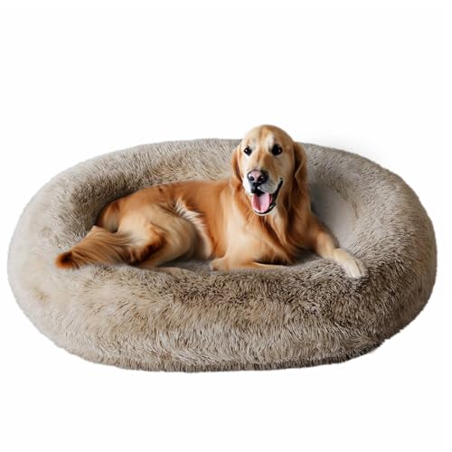 Orthopedic Calming Dog Bed for Extra Large Dogs XL, Anti Anxiety Pet Beds with Supportive Foam, Removable Washable Oval Pets Couch, Fluffy Dog Cuddle Bolster Cushion, Beige
