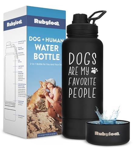 Dog Water Bottle for Dog Lovers - 32 oz Stainless Steel Double Wall Insulated Water Bottle with 8 oz Detachable Bowl on Bottom- Doggy Lover Gift for Hiking, Walks, Travel - Favorite People Black