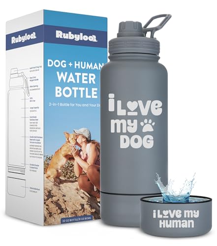 Dog Water Bottle for Dog Lovers - 32 oz Stainless Steel Double Wall Insulated Water Bottle with 8 oz Detachable Bowl on Bottom  Ideal Doggy Lover Gift for Hiking, Walking, Travel - Love Smoky Grey