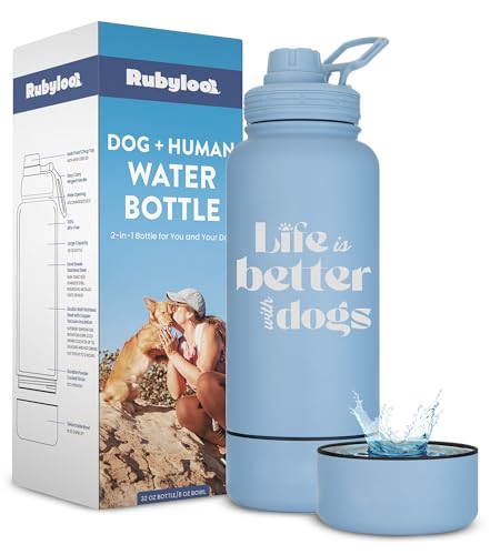 Dog Water Bottle for Dog Lovers - 32 oz Stainless Steel Double Wall Insulated Water Bottle with 8 oz Detachable Bowl - Doggy Lover Gift for Hiking, Walking, Travel - Life is Better - Dusty Blue