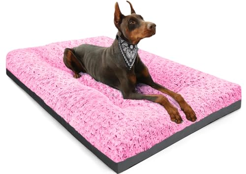 POCBLUE Extra Large Dog Bed, Washable XXL Plush Pet Mat for Crate/Cages, Non-Slip Pet Bed for Outdoor/Indoor/Car Use, Comfy & Soft Kennel Pad for Dogs Up to 110 lbs, 47"x29", Pink