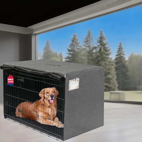 HiCaptain Dog Crate Cover with Card Pocket, Heavy Duty Polyester Windproof Pet Kennel Cover Universal Fit for 1 or 2 Doors Standard Wire Crate (54 inch, Grey)