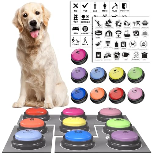 Dog Buttons for Communication, 9 Pcs Dog Talking Button Set, 30s Voice Recording Pet Buzzer Training Buttons, Speaking Button for Dogs with Waterproof Anti-Slip Dog Button Mat and 48 Scene Stickers
