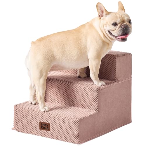 EHEYCIGA Dog Stairs for Small Dogs 13.5" H, 3-Step Dog Steps for Couch Sofa and Chair, Pet Steps for Medium Cats, Non-Slip Balanced Pet Ramp Indoor, Pink