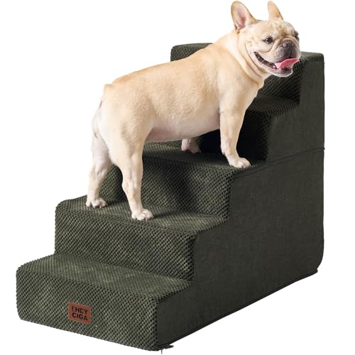 EHEYCIGA Dog Stairs for High Bed 22.5" H, 5-Step Dog Steps for Bed, Pet Steps for Small Dogs and Cats, Non-Slip Balanced Pet Ramp Indoor, Olive Green