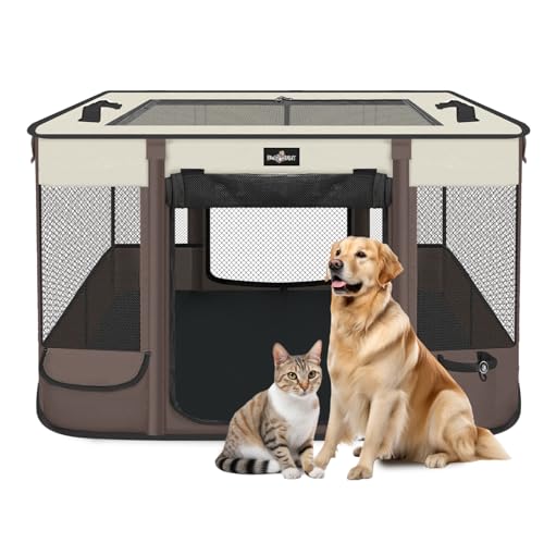 Foldable Pet Kitten Playpen, Upgrade Waterproof Portable Cat Dog Playpen Kennel Tent for Small Dog Cat, Retractable Shade Cover, Come with Free Carrying Case, Indoor Outdoor Use for Small Pet, Brown