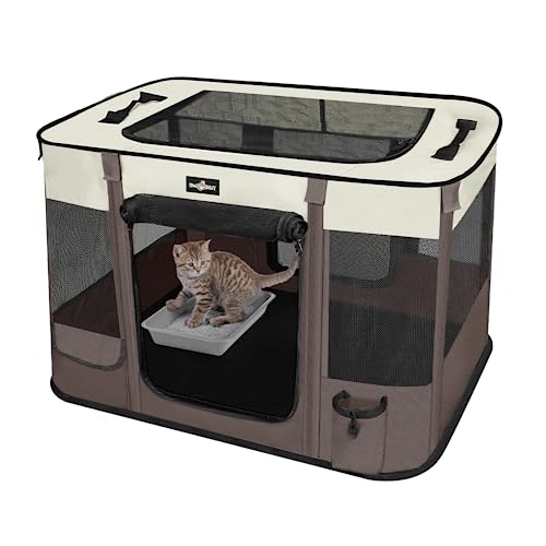 Foldable Pet Kitten Playpen, Upgrade Waterproof Portable Cat Dog Playpen Kennel Tent for Small Dog Cat, Retractable Shade Cover, Indoor Outdoor Use for Small Pet, Brown