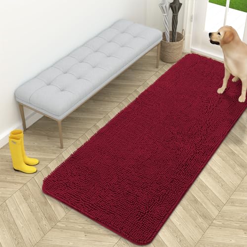 OLANLY Dog Door Mat for Muddy Paws 59x24, Absorbs Moisture and Dirt, Absorbent Non-Slip Washable Doormat, Quick Dry Chenille Mud Mat for Dogs, Entry Indoor Entryway Carpet for Inside Floor, Burgundy