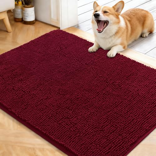 OLANLY Dog Door Mat for Muddy Paws 40x32, Absorbs Moisture and Dirt, Absorbent Non-Slip Washable Doormat, Quick Dry Chenille Mud Mat for Dogs, Entry Indoor Entryway Carpet for Inside Floor, Burgundy