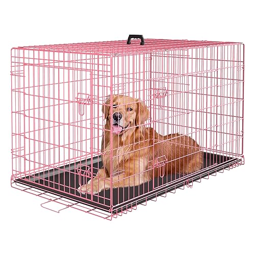 PayLessHere Large Dog Crate Kennel for Medium Large Dogs Metal Dog Cage Double-Door Folding Travel Indoor Outdoor Puppy Playpen with Divider and Handle Plastic Tray (48 Inch, Pink)