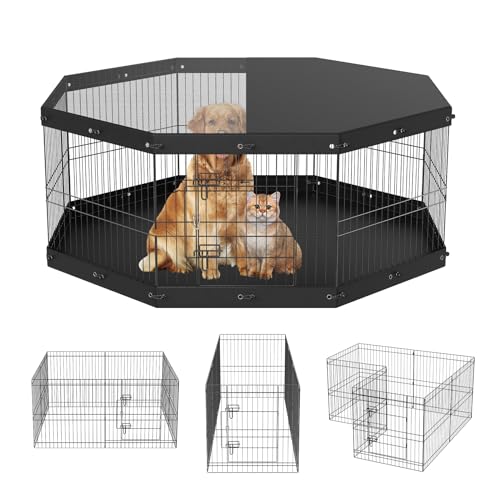 VEVOR Foldable Metal Dog Exercise Pen, Pet Playpen Dog Fence for Camping with Top Cover and Bottom Pad, 24" H 8 Panels, Puppy Crate Kennel Indoor Outdoor for Medium Dogs, Both for Home&Yard