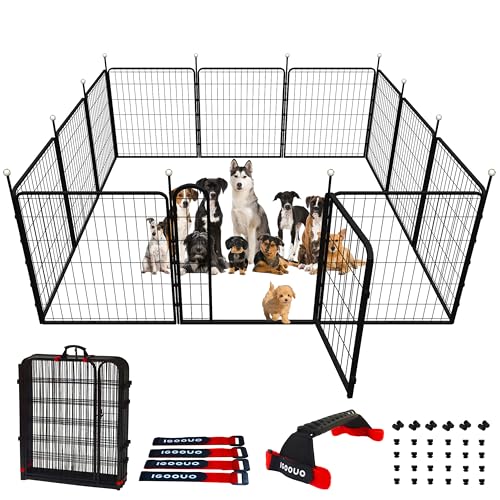 Dog Play Pen Indoors/Outdoor,32'' Portable Dog Crates with Easy-Carry Straps,12 Panels Dogs Pen Play Pen for Medium/Large Dogs,Rustproof Metal Pet Playpen for Camping RV Yard (with Two Doors)