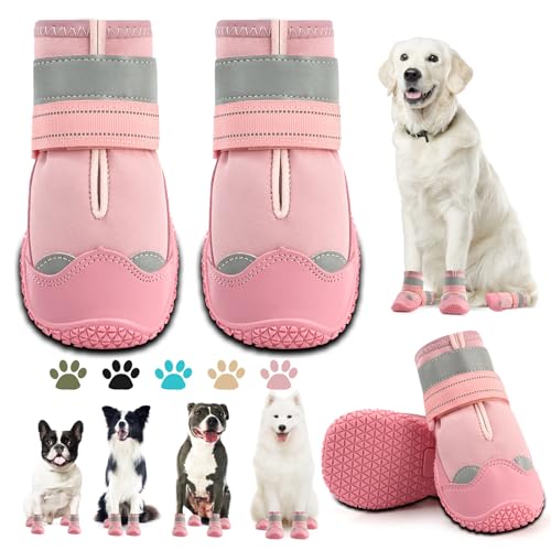 Dog Shoes for Large Dogs, Medium Dog Boots & Paw Protectors for Hardwood Floors, Outdoor Dog Booties for Hot Pavement Winter Snow Hiking, Waterproof Dog Shoes with Reflective Strips Size 7