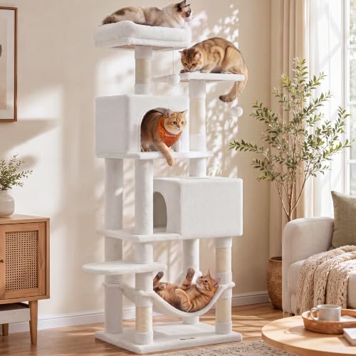 Feandrea Cat Tree, 61-Inch Cat Tower for Indoor Cats, Plush Multi-Level Cat Condo with 5 Scratching Posts, 2 Perches, 2 Caves, Hammock, 2 Pompoms, Cream White UPCT192T01