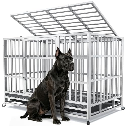 Heavy Duty Indestructible Dog Crate 48 Inch with Removable Tray, Sizes & Colors Optional, Escape Proof Double Door High Anxiety Cage Indoor, Kennel with Wheels for Large Dogs, XL XXL XXL