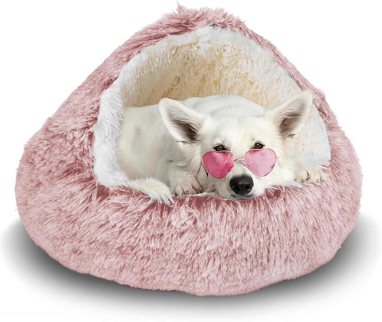 ShinHye Cat Bed Round Plush Fluffy Hooded Cat Bed Cave, Cozy for Indoor Cats or Small Dog beds, Soothing Pet Beds Doughnut Calm Anti-nxiety Dog Bed - Waterproof Bottom Washable (2626inch, Pink)