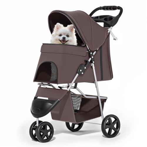 MoNiBloom Foldable Dog Strollers for Small Dogs with Weather Cover, 3 Wheels Pet Strolling Cart for Dogs and Cats with Storage Basket and Cup Holder, Breathable and Visible Mesh for All-Season, Coffee