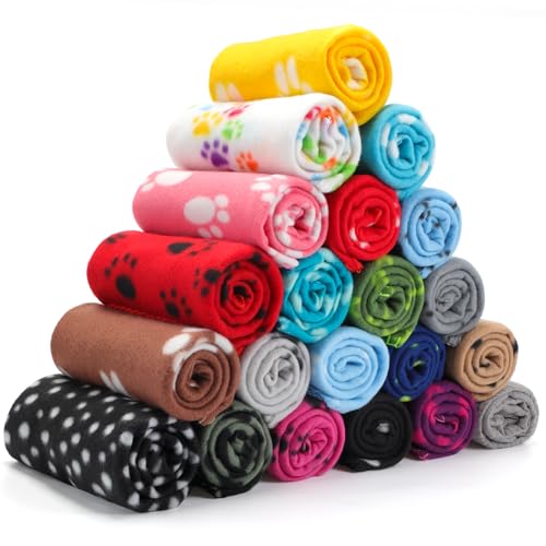 Eccliy 20 Pcs Puppy Blanket Pet Soft Fleece Dog Blankets Warm Felt Throw Sleep Mat Bed Covers for Doggie Puppy Pet Dogs Cat, 20 Styles(39 x 27.6 Inch,Paw)