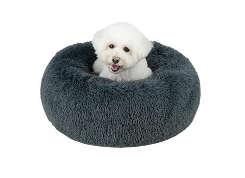 Best Pet Supplies Round Donut Dog Bed with Plush Faux Fur Fabric, Calming, Anti-Anxiety Cushion for Indoor Pets, Slip-Resistant Base, Soft Ergonomic Support - Gray, 30x30x8''