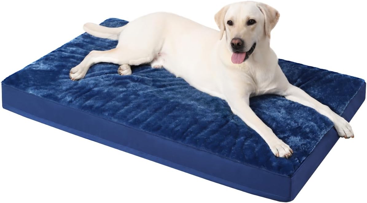 KSIIA Orthopedic Dog Crate Bed Waterproof Dog beds for Extra Large Dogs Deluxe Plush Washable Pet Mat with Egg Crate Foam & Removable Cover, 47 x 29 Inch, Blue