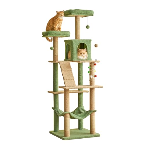MWPO 70.1-Inch Green Large Cat Tree, Multi-Level Tall Cat Tower for Indoor Cats, Plush Cat Condo with Big Padded Perches, Sisal-Covered Scratching Posts, Hammock, Toys for Kittens & Cats