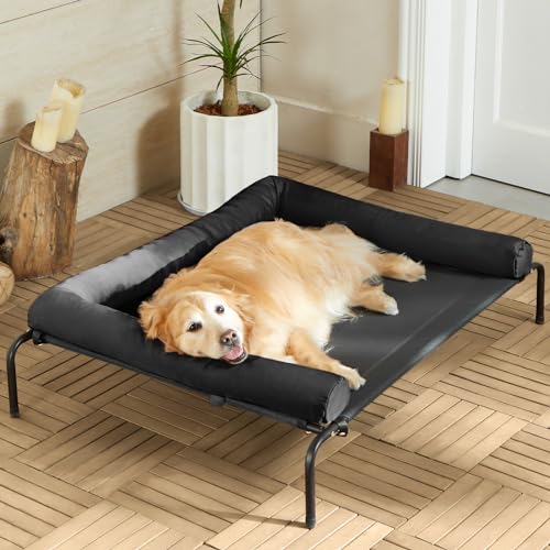 Cooling Elevated Dog Bed for Large Dogs  Waterproof Raised Dog Cot with Slope Headrest, Breathable Teslin Mesh, Durable & Portable Pet Bed for Indoor and Outdoor Use, Black