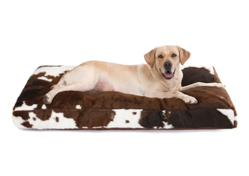 Bedfolks Plush Waterproof Dog Crate Bed, Faux Fur Kennel Pad for Extra Large Dogs, Removable Washable Cover, 41"x27", Cow Print
