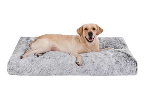 Bedfolks Waterproof Crate Bed, Plush Dog Kennel Pad with Removable Washable Cover, Faux Fur, Fluffy, 41"x27", Dark Grey