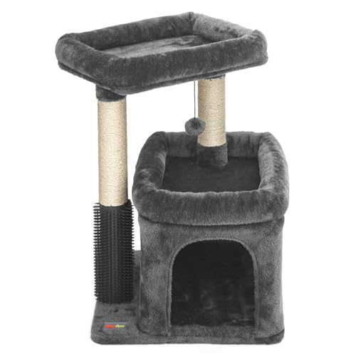 Small Cat Tree for Indoor Cats, Cat Tower with Scratching Posts for Multiple Cats, Plush Cozy Perch, Cat Massage Brush, Activity Hanging Pompoms, Dark Grey