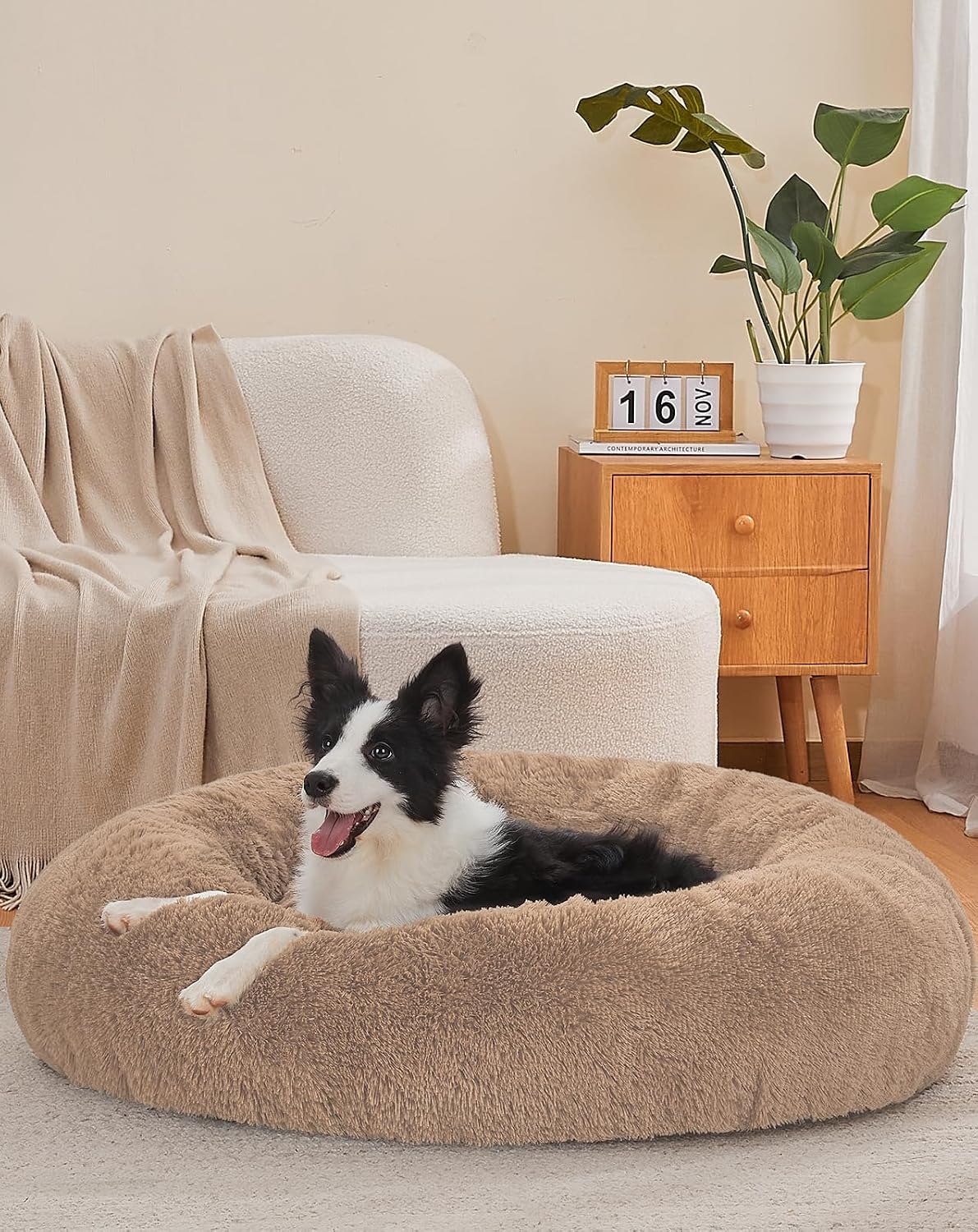 OhGeni Calming Donut Dog Bed Pillow for Large Pets, Machine Washable Removable Cover, Comfort Plush Fluffy Faux Fur with Anti-Slip Bottom, Cats-Friendly Round Cuddly Design, Ocher, 36 inches