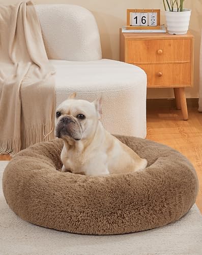 OhGeni Calming Donut Dog Bed Pillow for Medium Pets, Machine Washable Removable Cover, Comfort Plush Fluffy Faux Fur with Anti-Slip Bottom, Cats-Friendly Round Cuddly Design, Ocher, 30 inches