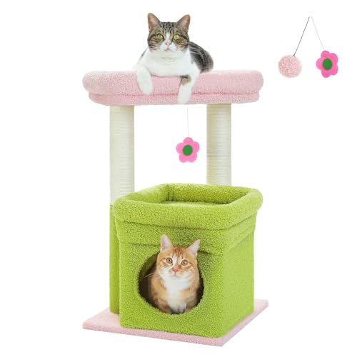 PEQULTI Cat Tree Flower Cat Tower for Indoor Cats with Private Cozy Cat Condo, Natural Sisal Scratching Posts and Plush Pom-pom for Small Cats, Pink